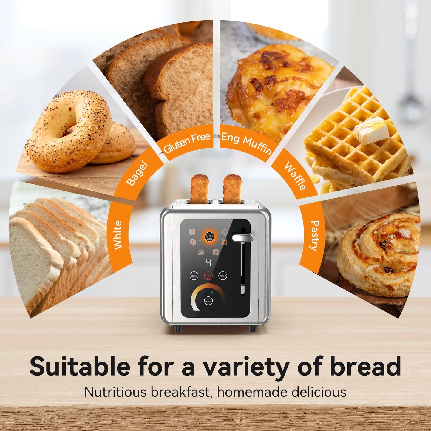 Touchscreen Toaster 2 Slice, Stainless Steel, Warming Rack, Wide Slots, Bagel, Defrost, 850W