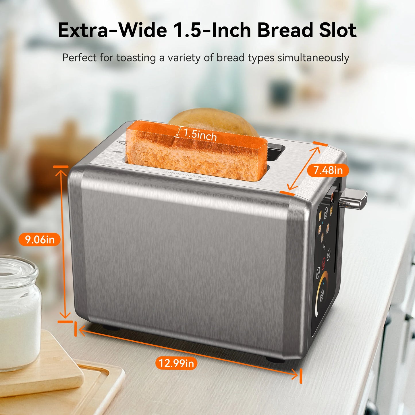 Touchscreen Toaster 2 Slice, Stainless Steel, Warming Rack, Wide Slots, Bagel, Defrost, 850W