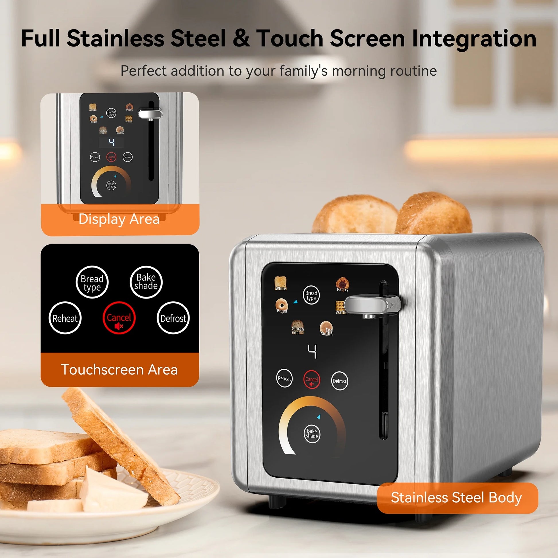 Touchscreen Toaster 2 Slice, Stainless Steel, Warming Rack, Wide Slots, Bagel, Defrost, 850W