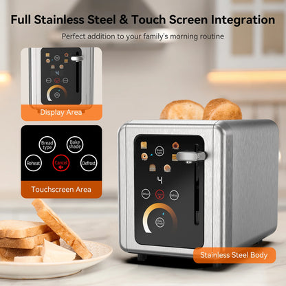 Touchscreen Toaster 2 Slice, Stainless Steel, Warming Rack, Wide Slots, Bagel, Defrost, 850W
