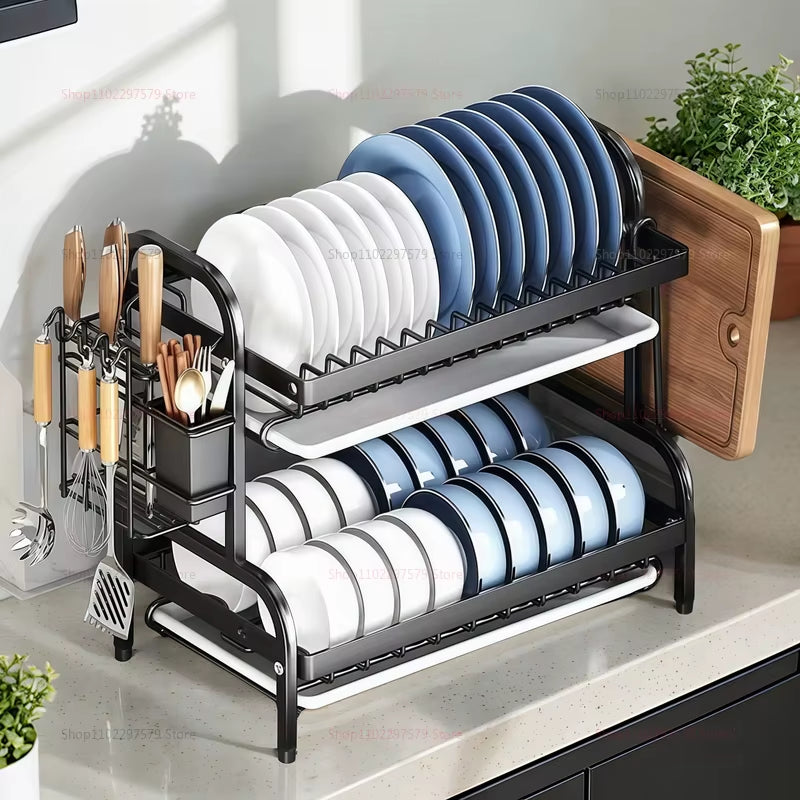 Dish Drying Rack 2-Tier Compact Kitchen Dish Rack Drainboard Set Large Rust-Proof Dish Drainer with Utensil Holder NEW