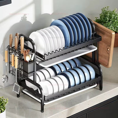 Dish Drying Rack 2-Tier Compact Kitchen Dish Rack Drainboard Set Large Rust-Proof Dish Drainer with Utensil Holder NEW
