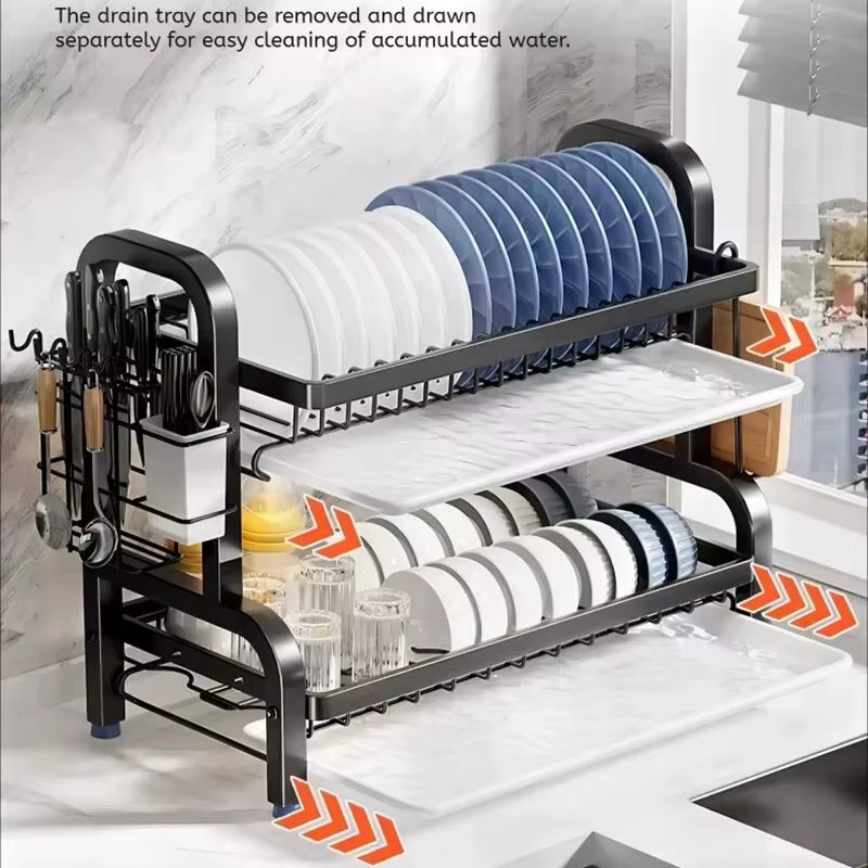 Dish Drying Rack 2-Tier Compact Kitchen Dish Rack Drainboard Set Large Rust-Proof Dish Drainer with Utensil Holder NEW