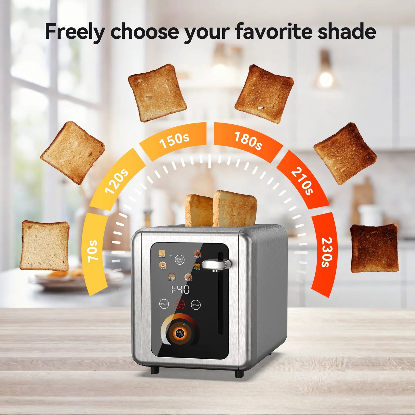 Touchscreen Toaster 2 Slice, Stainless Steel, Warming Rack, Wide Slots, Bagel, Defrost, 850W
