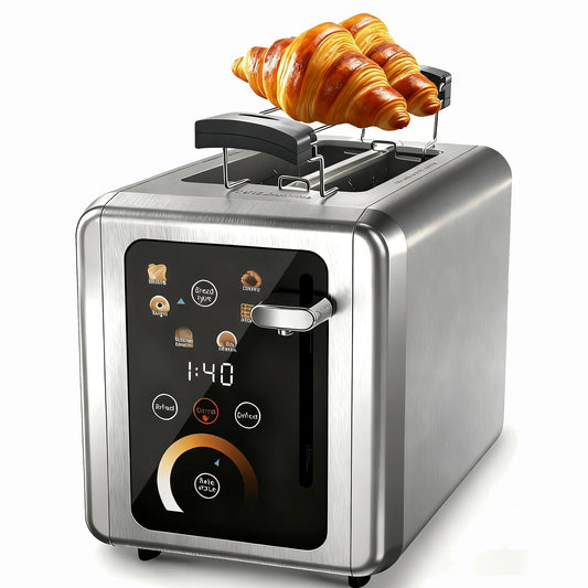 Touchscreen Toaster 2 Slice, Stainless Steel, Warming Rack, Wide Slots, Bagel, Defrost, 850W